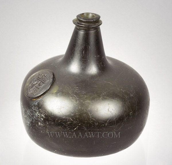 Blown Bottle, Onion, Armorial, Perfect Seal and String Rim, Great Form
England
1690, entire view